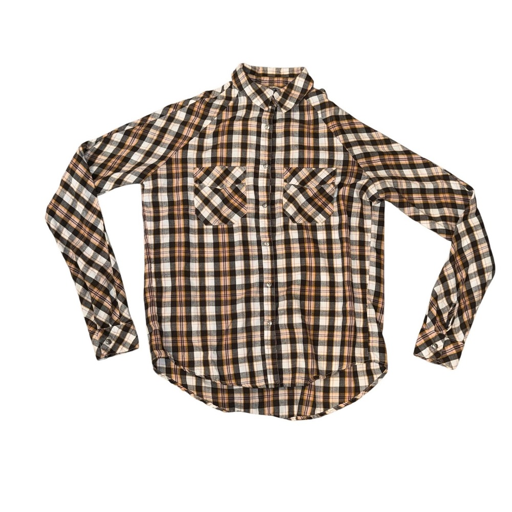 BKE Plaid Button Down Shirt Womens Small Brown Orange Boyfriend Fit Long Slv